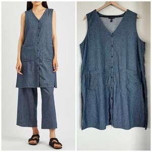 EILEEN FISHER 1X Airy Organic Cotton Twill Pocket Tunic Top Long Length Chambray